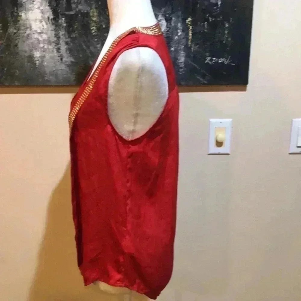 Michael Kors Red Sleeveless Beaded Neck Tie Top with Button Front Size Small